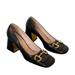 Gucci Baby Horsebit Leather Square Toe Mid High Heel Pumps Black Size EU 40